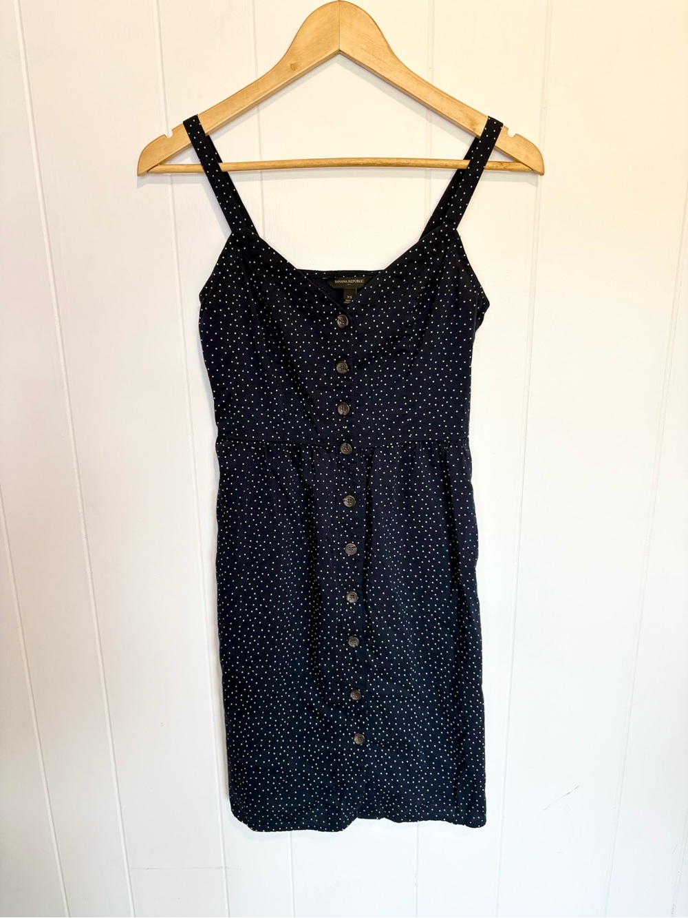 Banana Republic XS Navy Button Down Polkadot Shirt Dress Preppy Euro Chic Summer
